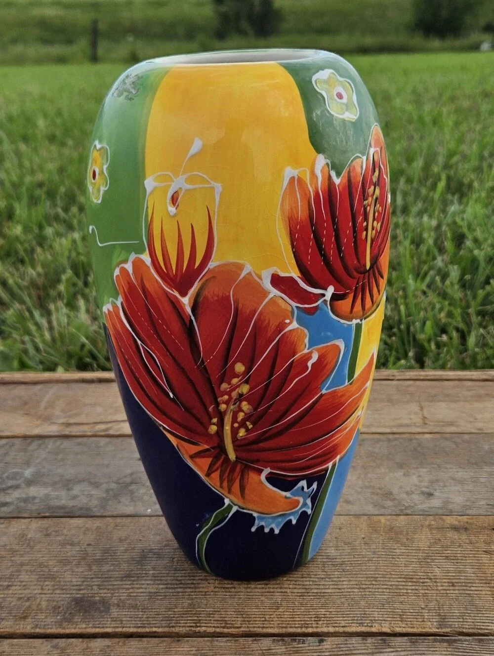 TROPICAL HIBISCUS Flower Vase Painted Ceramic Colorful Bohemian Home Decor